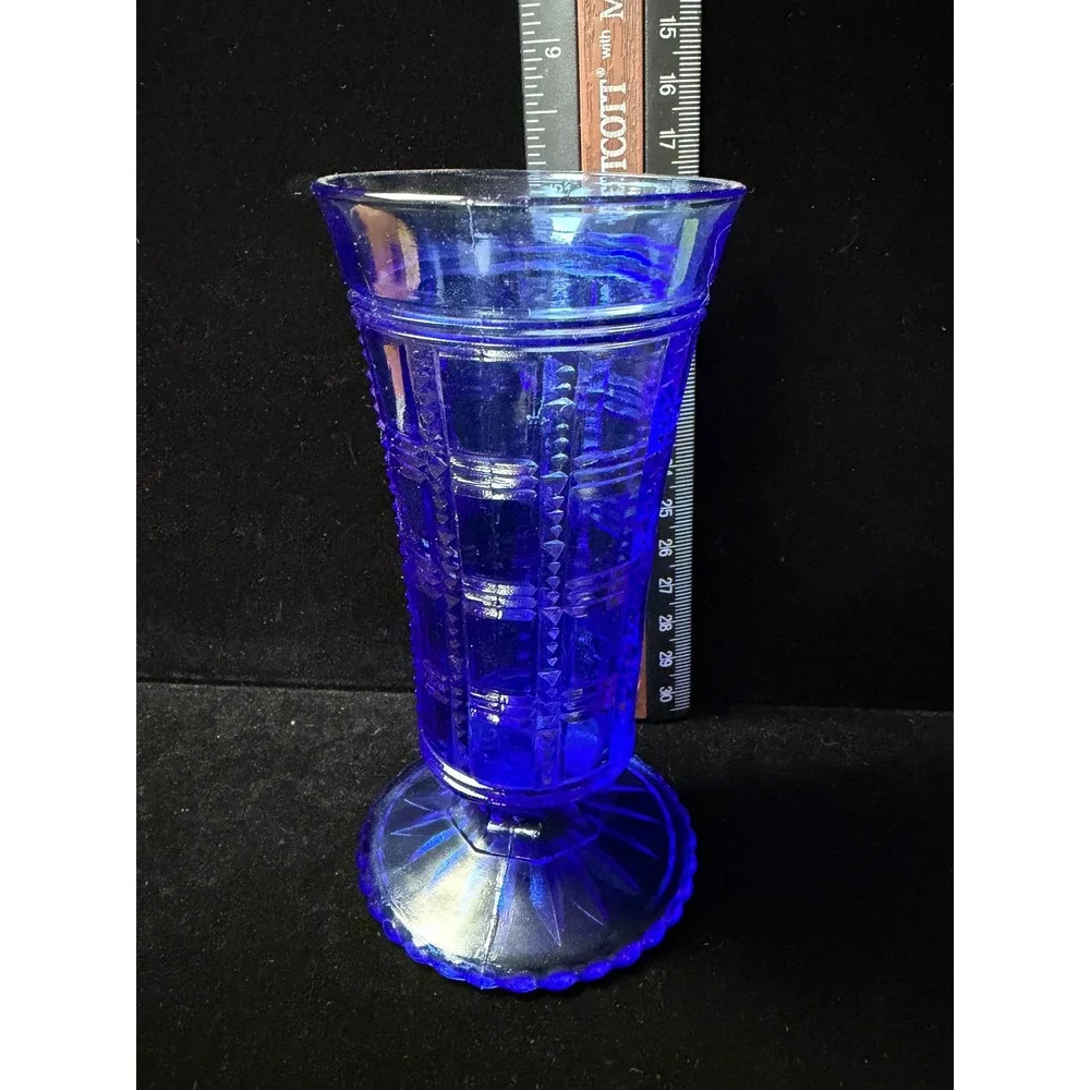 Vintage Cobalt Blue Pressed Glass Footed Vase Geometric‎ Paneled 6.25 Inch